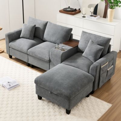 Canapé d'Angle Convertible avec Rangement et Accoudoirs - Port USB et Console Intégrée - Velours Côtelé Gris, Pour 4 Personnes