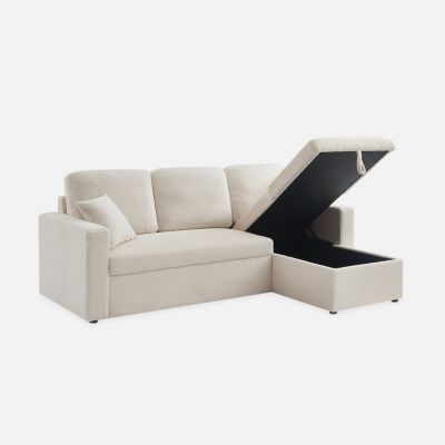 Canapé d'angle convertible en tissu bouclettes blanches - IDA - 3 places. fauteuil d'angle réversible coffre rangement lit