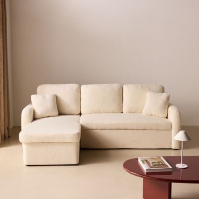 Canapé d'angle convertible en tissu bouclettes crème - Milano - 3 places. fauteuil d'angle réversible coffre rangement lit