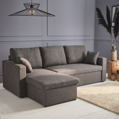 Canapé d'angle convertible en tissu gris chiné foncé - IDA - 3 places. fauteuil d'angle réversible coffre rangement lit modulable