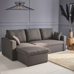 Canapé d'angle convertible en tissu gris chiné foncé - IDA - 3 places. fauteuil d'angle réversible coffre rangement lit modulable