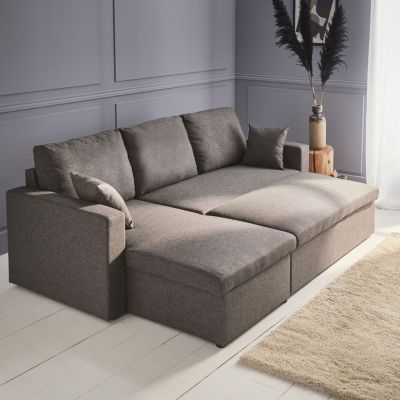 Canapé d'angle convertible en tissu gris chiné foncé - IDA - 3 places. fauteuil d'angle réversible coffre rangement lit modulable