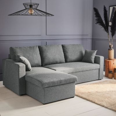 Canapé d'angle convertible en tissu gris clair - IDA - 3 places. fauteuil d'angle réversible coffre rangement lit modulable