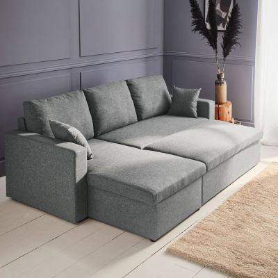 Canapé d'angle convertible en tissu gris clair - IDA - 3 places. fauteuil d'angle réversible coffre rangement lit modulable