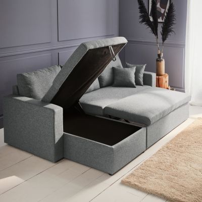 Canapé d'angle convertible en tissu gris clair - IDA - 3 places. fauteuil d'angle réversible coffre rangement lit modulable