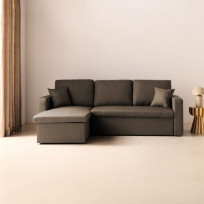 Canapé d'angle convertible en tissu marron - IDA - 3 places. fauteuil d'angle réversible coffre rangement lit modulable