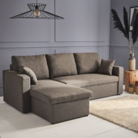 Canapé d'angle convertible en tissu marron - IDA - 3 places. fauteuil d'angle réversible coffre rangement lit modulable