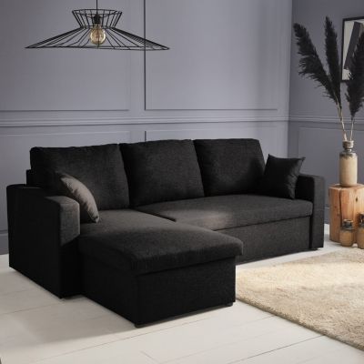 Canapé d'angle convertible en tissu noir - IDA - 3 places. fauteuil d'angle réversible coffre rangement lit modulable