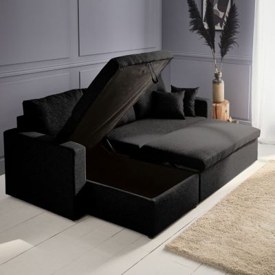 Canapé d'angle convertible en tissu noir - IDA - 3 places. fauteuil d'angle réversible coffre rangement lit modulable