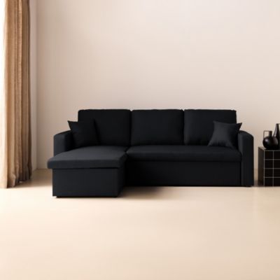 Canapé d'angle convertible en tissu noir - IDA - 3 places. fauteuil d'angle réversible coffre rangement lit modulable