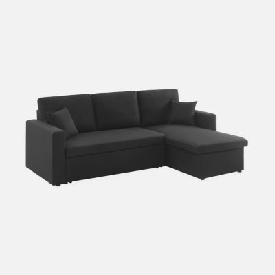 Canapé d'angle convertible en tissu noir - IDA - 3 places. fauteuil d'angle réversible coffre rangement lit modulable