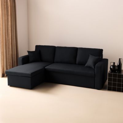 Canapé d'angle convertible en tissu noir - IDA - 3 places. fauteuil d'angle réversible coffre rangement lit modulable