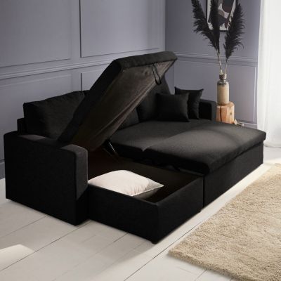 Canapé d'angle convertible en tissu noir - IDA - 3 places. fauteuil d'angle réversible coffre rangement lit modulable