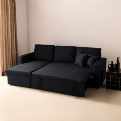 Canapé d'angle convertible en tissu noir - IDA - 3 places. fauteuil d'angle réversible coffre rangement lit modulable