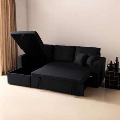 Canapé d'angle convertible en tissu noir - IDA - 3 places. fauteuil d'angle réversible coffre rangement lit modulable