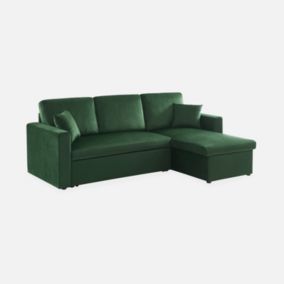 Canapé d'angle convertible en velours vert anglais 3 places. fauteuil d'angle réversible coffre rangement lit modulable