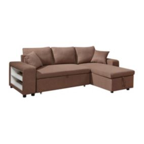 Canapé d'angle convertible et réversible en tissu avec coffre de rangement et poufs marron SELIM