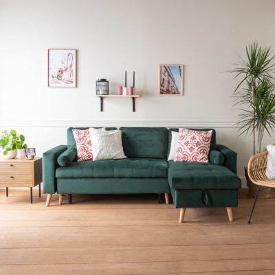 Canapé d'angle convertible JAMES 3 places en velours vert - HAPPY GARDEN