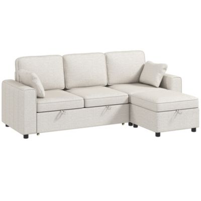 Canapé d'angle convertible réversible 3 places avec coffre tissu chenille beige clair