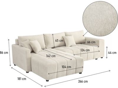 Canapé d'angle convertible tissu chenille 3 places  "Trocadero"  Crème