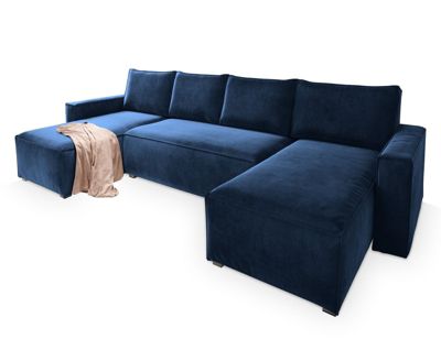 Canapé d'angle deni bleu en velours avec fonction de couchage | Castorama