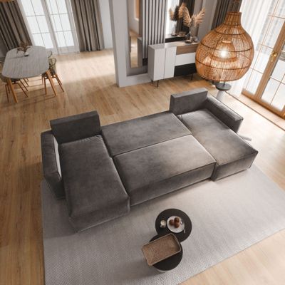 Canapé d'angle deni bleu en velours avec fonction de couchage | Castorama