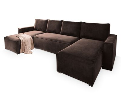 Canapé d'angle deni marron en velours avec fonction de couchage