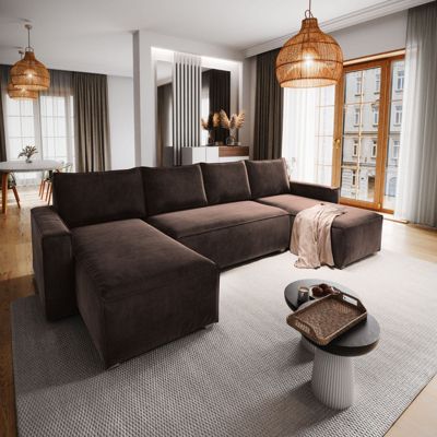 Canapé d'angle deni marron en velours avec fonction de couchage