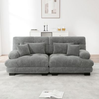 Canapé d'angle double en chenille gris, avec 2 coussins lombaires et 2 décoratifs, structure en bois massif