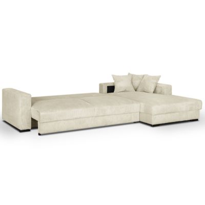 Canapé d'angle droit convertible 5 places côtelé beige avec coffre - Robin