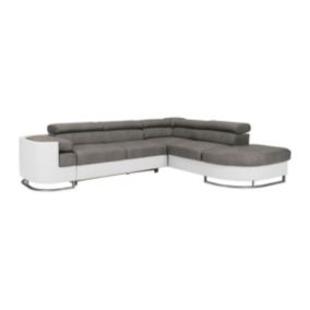 Canapé d'angle droit convertible en simili blanc et tissu gris MYSEN II