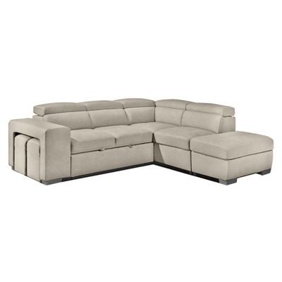 Canapé d'angle droit convertible en tissu beige avec 2 poufs - VEGAS