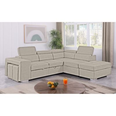 Canapé d'angle droit convertible en tissu beige avec 2 poufs - VEGAS