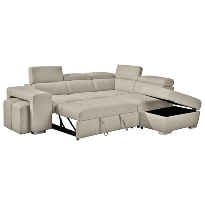 Canapé d'angle droit convertible en tissu beige avec 2 poufs - VEGAS