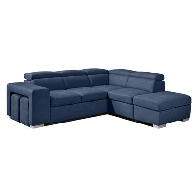 Canapé d'angle droit convertible en tissu bleu avec 2 poufs - VEGAS