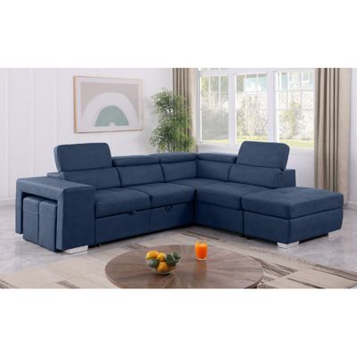 Canapé d'angle droit convertible en tissu bleu avec 2 poufs - VEGAS