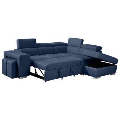 Canapé d'angle droit convertible en tissu bleu avec 2 poufs - VEGAS