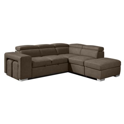 Canapé d'angle droit convertible en tissu taupe avec 2 poufs - VEGAS