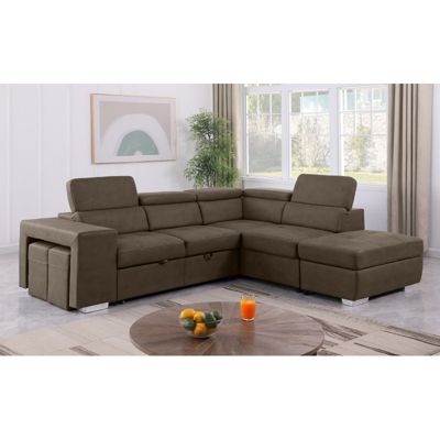 Canapé d'angle droit convertible en tissu taupe avec 2 poufs - VEGAS