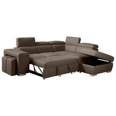 Canapé d'angle droit convertible en tissu taupe avec 2 poufs - VEGAS