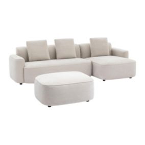 Canapé d'angle droit et pouf en tissu texturé beige POMIANGO