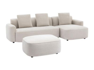 Canapé d'angle droit et pouf en tissu texturé beige POMIANGO