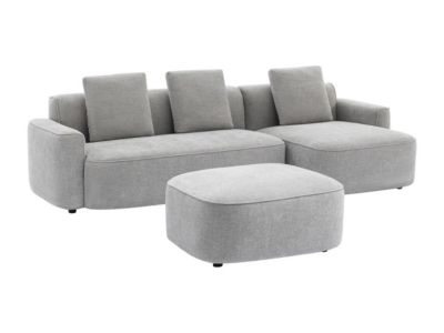 Canapé d'angle droit et pouf en tissu texturé gris POMIANGO