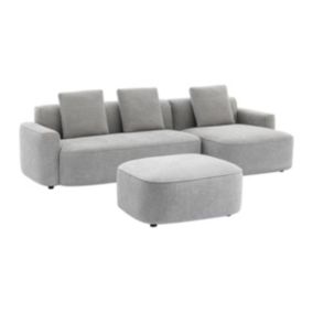 Canapé d'angle droit et pouf en tissu texturé gris POMIANGO