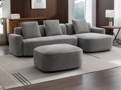 Canapé d'angle droit et pouf en tissu texturé gris POMIANGO