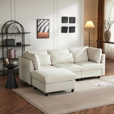 Canapé d'angle en L 3 places avec pouf, design moderne et confortable, idéal pour salon ou appartement