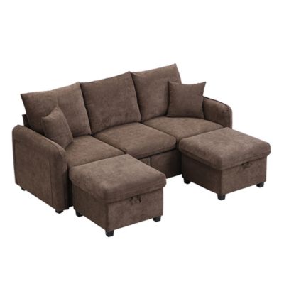 Canapé D'Angle En U Rembourré 3 Places Tiroirs Pouf Rangement Tissu Chenille Blackcolors