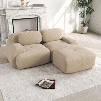 Canapé d'angle en velours côtelé, 82'', beige, modulaire avec accoudoirs courbés