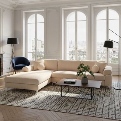 Canapé d'angle gauche 4-5 places en velours beige GALWAY