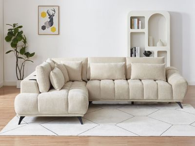 Canapé d'angle gauche avec dossier relevable en velours texturé beige MAVIRO